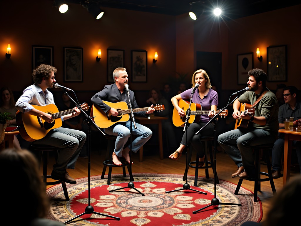 Four songwriters performing in-the-round style at intimate Nashville venue