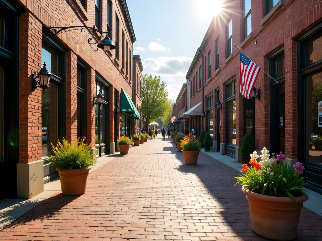 Historic brick streets of Argenta Arts District in North Little Rock during spring