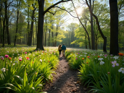 Spring wildflowers along wooded trail in Burns Park, North Little Rock