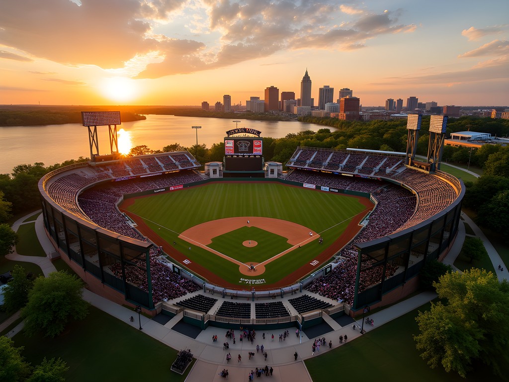 Dickey-Stephens Park baseball stadium at sunset along Arkansas River in North Little Rock