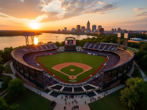 Dickey-Stephens Park baseball stadium at sunset along Arkansas River in North Little Rock