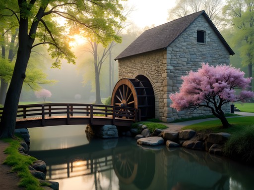 The Old Mill in North Little Rock with spring foliage and morning light reflection in water