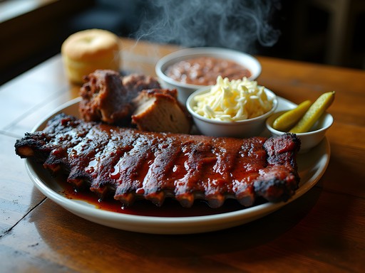 Authentic Arkansas barbecue spread with ribs, sides, and cornbread in North Little Rock