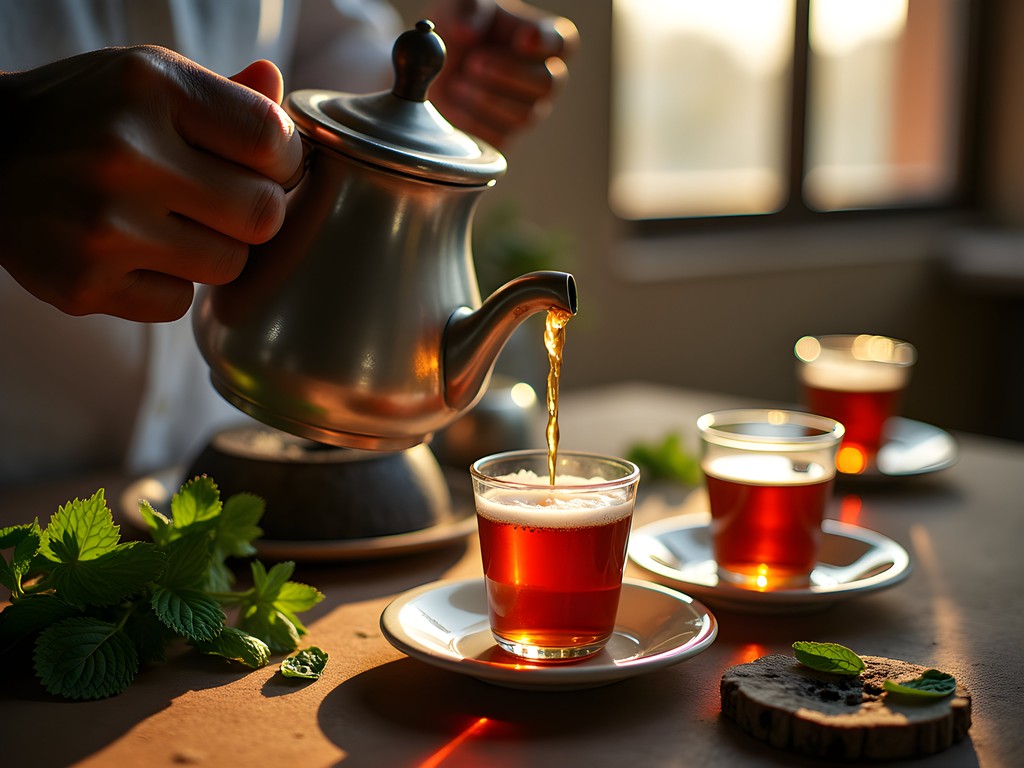 Traditional Mauritanian tea ceremony with three glasses and mint preparation