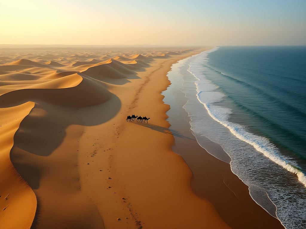 Sand dunes meeting Atlantic Ocean waves north of Nouakchott, Mauritania