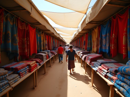 Colorful traditional textiles displayed at Marché Capitale in Nouakchott