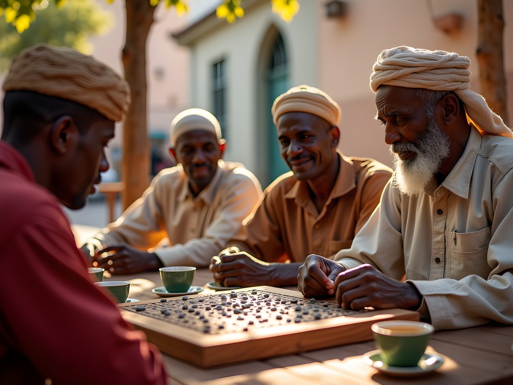 Local men playing traditional Awale board game in Nouakchott café
