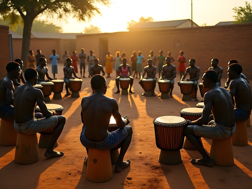 Traditional djembe drumming circle at sunset in Ouagadougou with community participation
