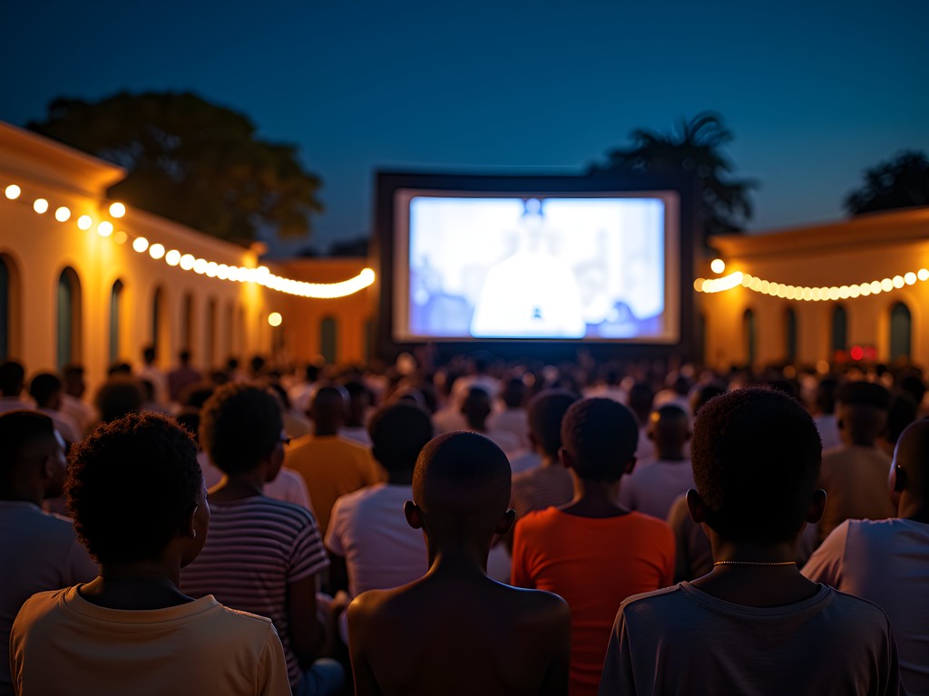 Nighttime outdoor film screening at FESPACO with traditional architecture visible