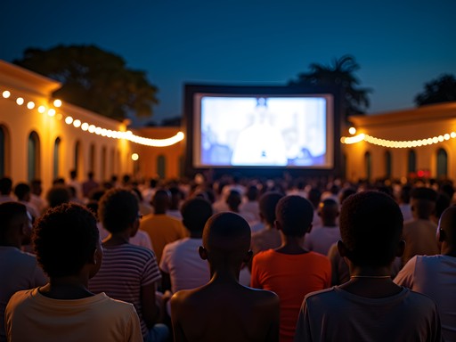 Nighttime outdoor film screening at FESPACO with traditional architecture visible