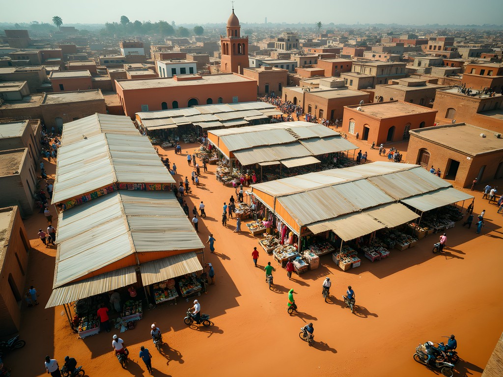 Aerial view of Ouagadougou's Grand Marché showing geometric layout and bustling activity