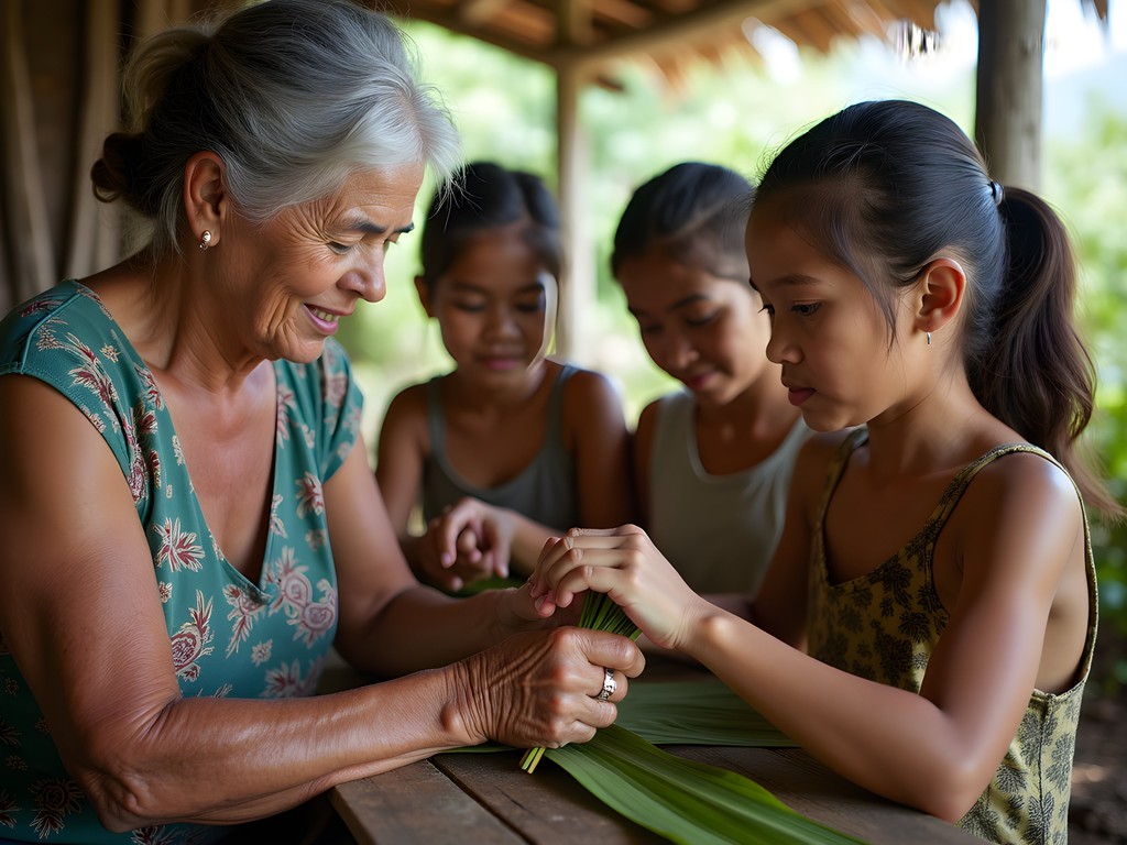 Young Micronesians learning traditional weaving techniques from elders in cultural preservation workshop