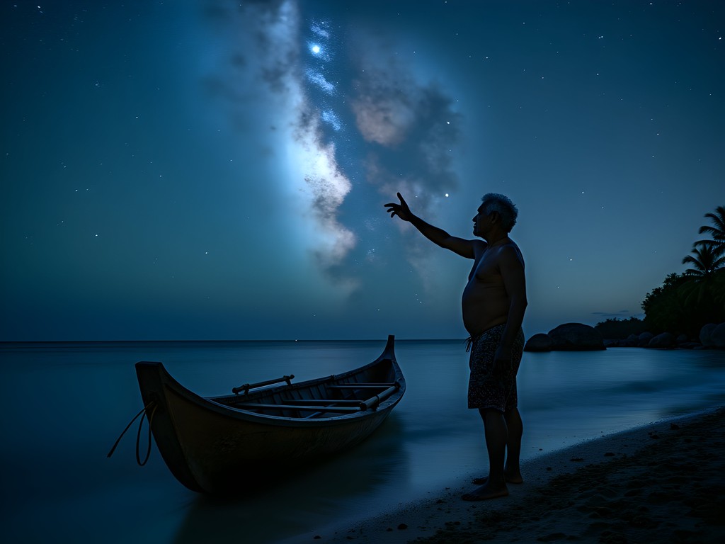 Micronesian master navigator teaching traditional star navigation techniques on nighttime beach