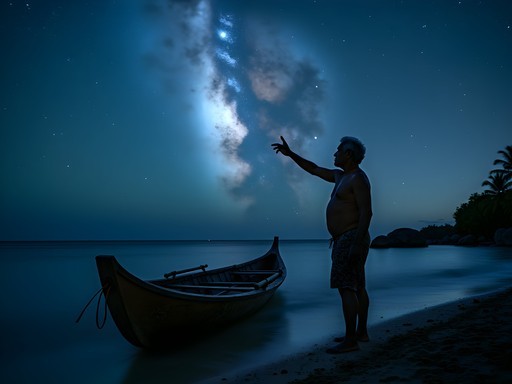 Micronesian master navigator teaching traditional star navigation techniques on nighttime beach