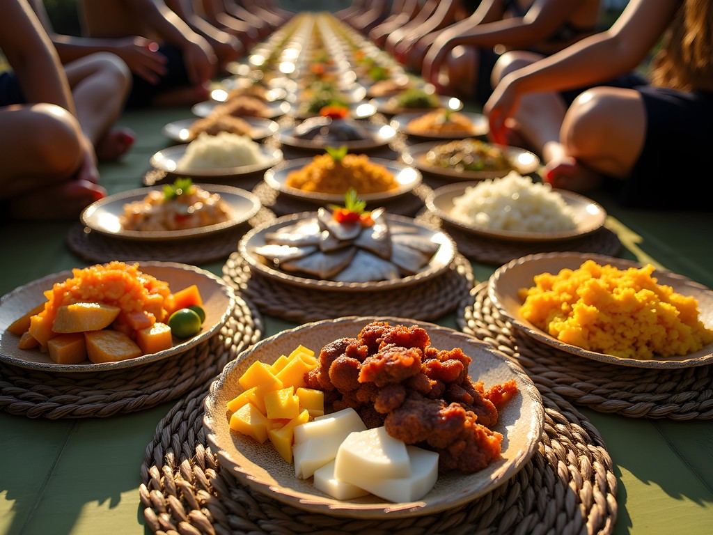 Traditional Micronesian kamadipw feast with fresh seafood, taro, breadfruit and coconut dishes arranged on woven mats