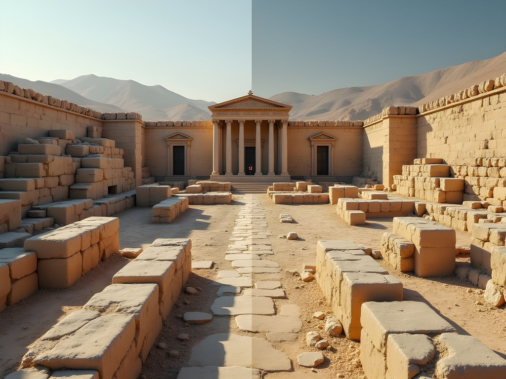 Side-by-side comparison of Palmyra ruins with digital reconstruction showing how the ancient city originally appeared