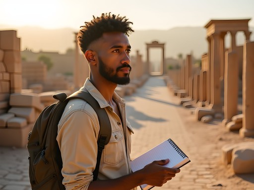 Timothy Jenkins standing thoughtfully among Palmyra ruins, notebook in hand, capturing the scale of the ancient city
