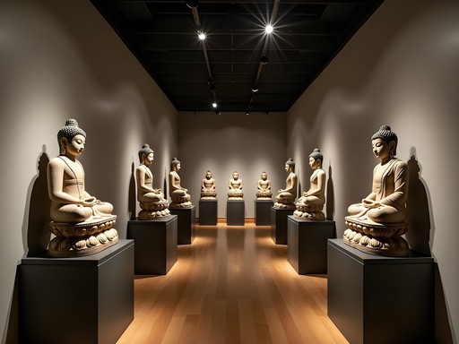 Serene Buddha statue gallery at Musée Guimet with dramatic lighting