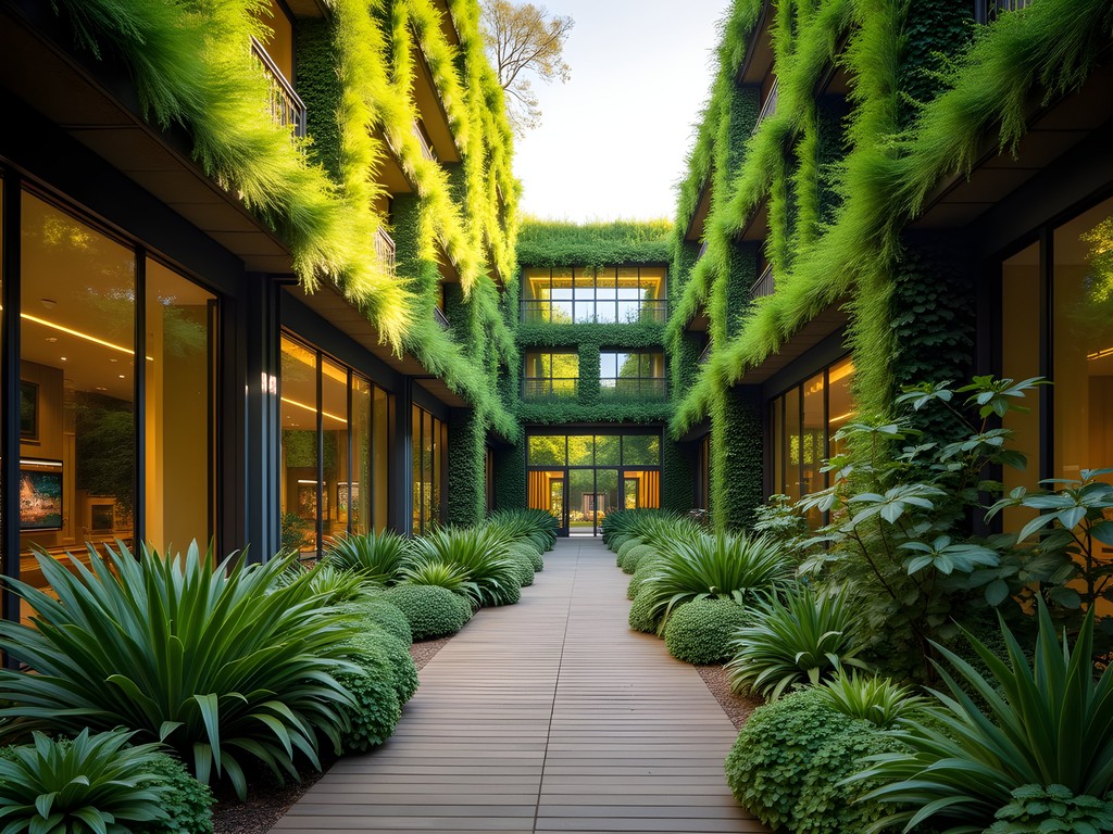 Lush vertical garden pathway at Musée du Quai Branly with modern architecture