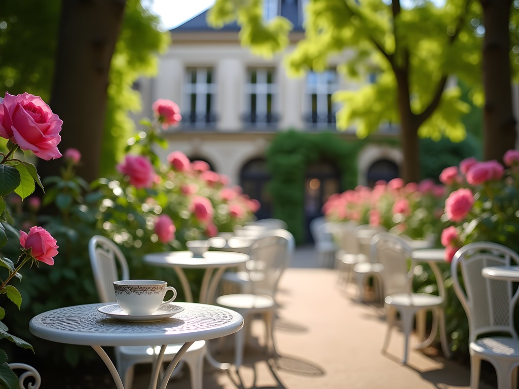 Serene garden café with rose bushes at Musée de la Vie Romantique in Paris