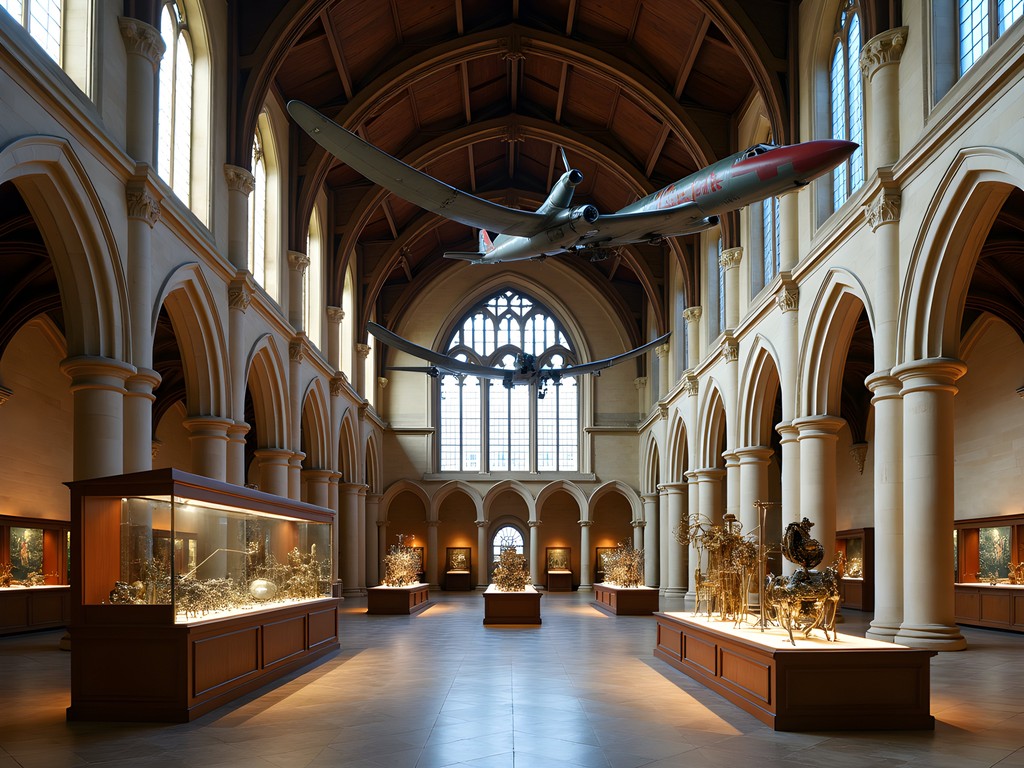 Historic aircraft and Foucault's pendulum displayed in the former church at Musée des Arts et Métiers
