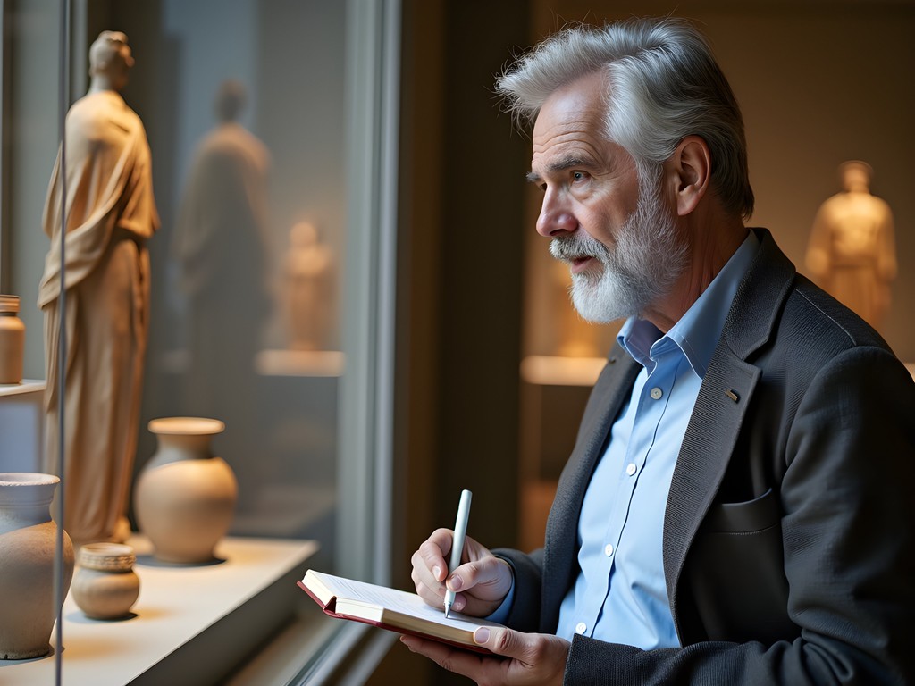 Art appraiser John Clark examining medieval artifacts at Musée de Cluny in Paris
