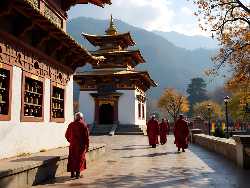 7th century Kyichu Lhakhang temple with prayer wheels and elderly Bhutanese pilgrims