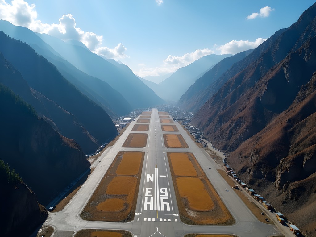 Dramatic approach to Paro International Airport between Himalayan peaks