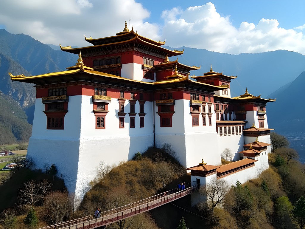 Paro Dzong fortress monastery with traditional Bhutanese architecture against mountain backdrop