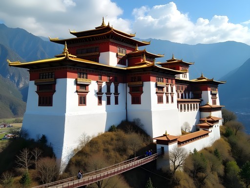 Paro Dzong fortress monastery with traditional Bhutanese architecture against mountain backdrop