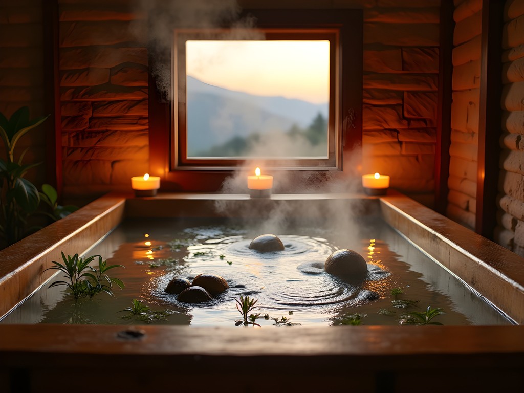Traditional wooden hot stone bath in Bhutanese farmhouse with mountain views