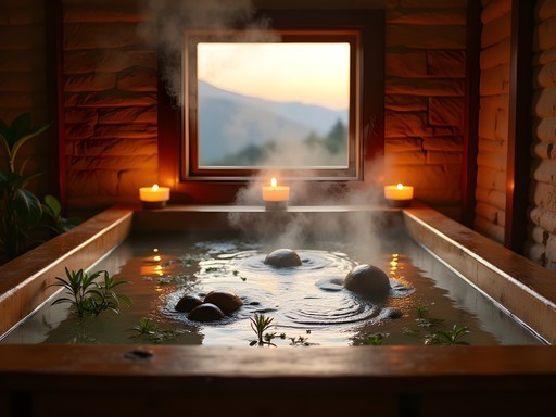 Traditional wooden hot stone bath in Bhutanese farmhouse with mountain views