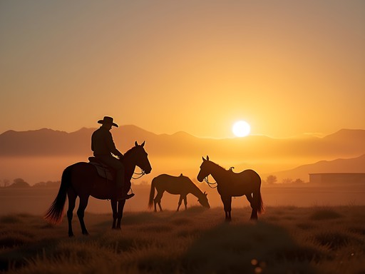 Sunrise over Estancia La Peninsulita with gaucho preparing horses in silhouette