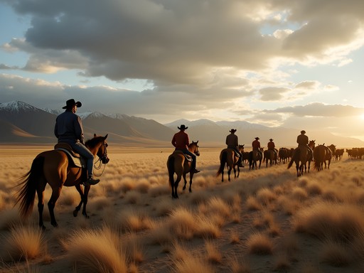Gauchos herding cattle across Patagonian steppe with traditional techniques