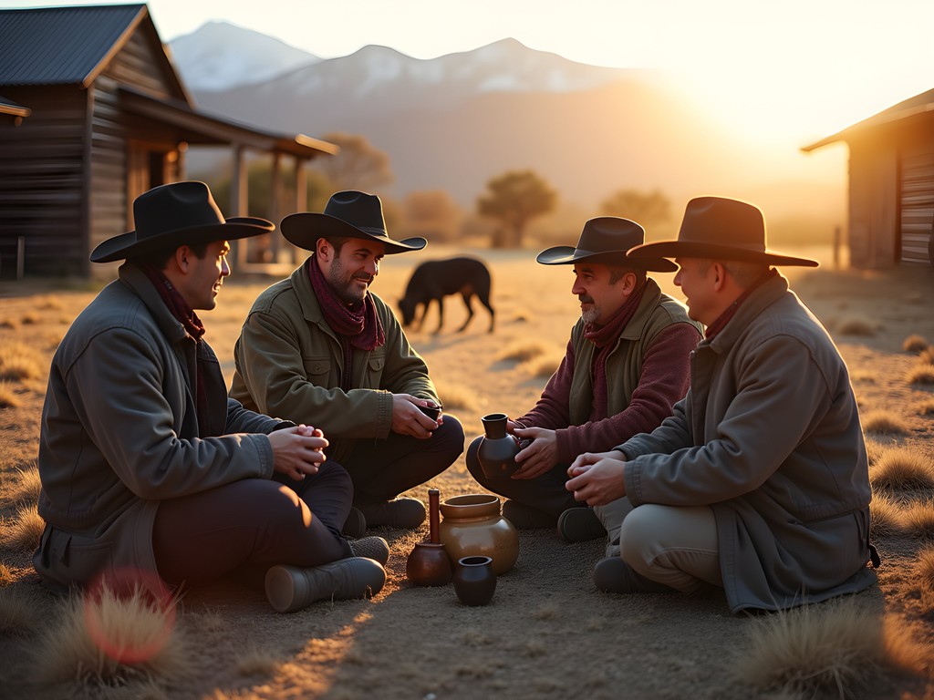 Traditional mate ceremony with gauchos at dawn on Patagonian estancia