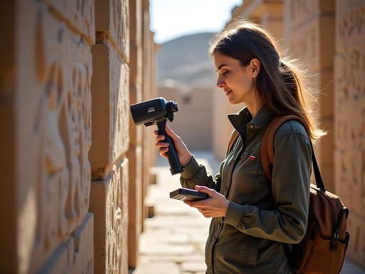 Archaeologist using 3D scanning technology to document relief carvings at Persepolis