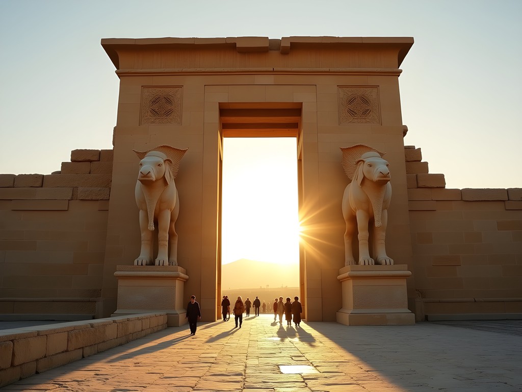 Gate of All Nations at Persepolis illuminated by golden morning light with few tourists