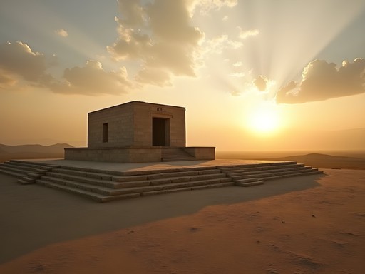 The limestone tomb of Cyrus the Great at Pasargadae bathed in golden sunset light