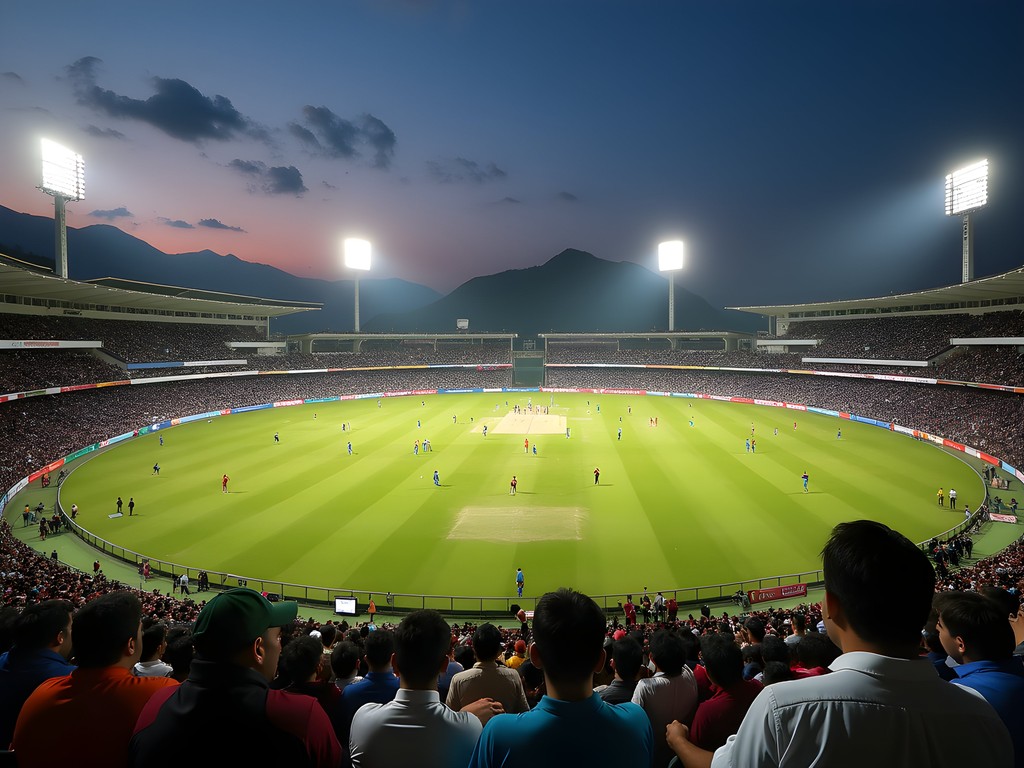Cricket match at Arbab Niaz Stadium in Peshawar with enthusiastic crowd under evening lights