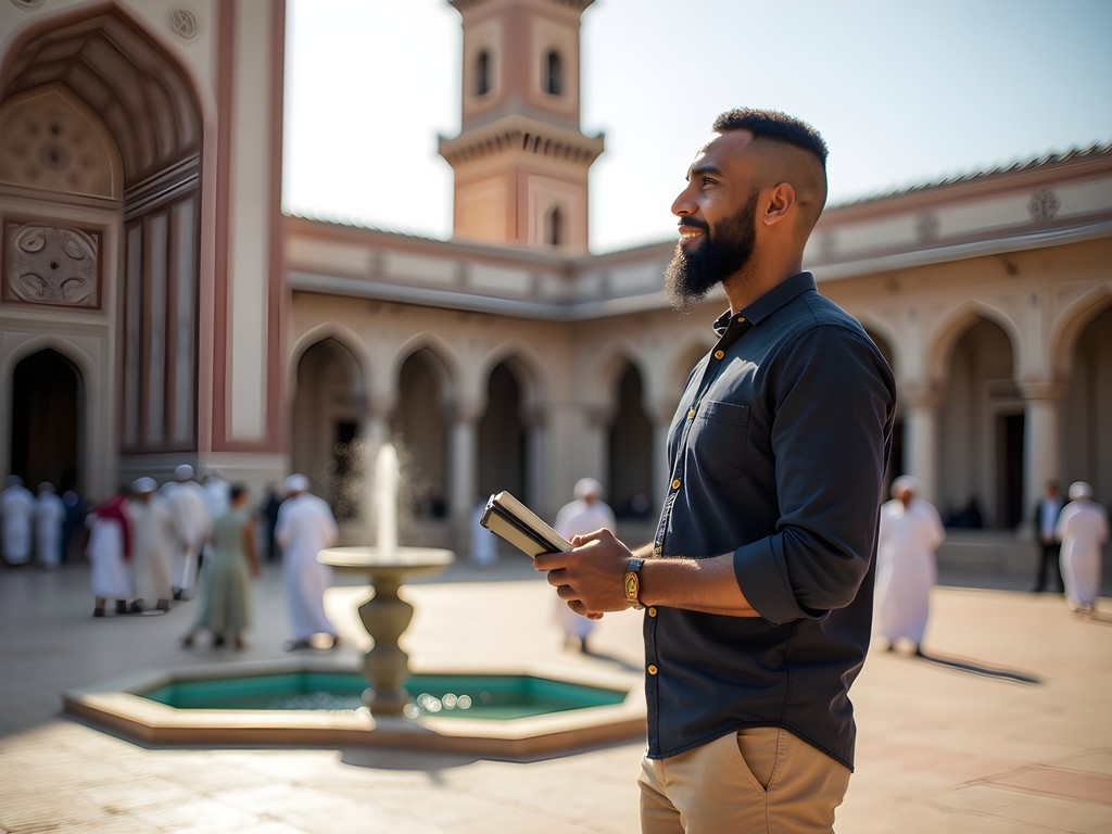 Interior courtyard of Mahabat Khan Mosque in Peshawar with Mughal architecture and worshippers