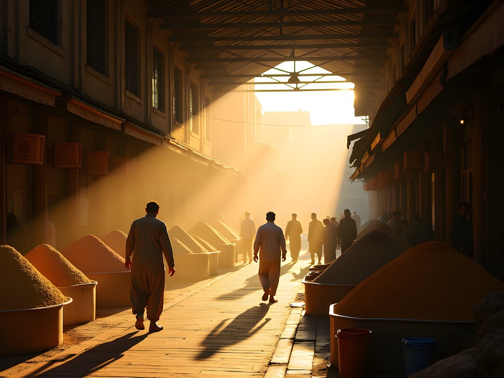 Morning light filtering through covered bazaar in Peshawar Old City with merchants arranging spices