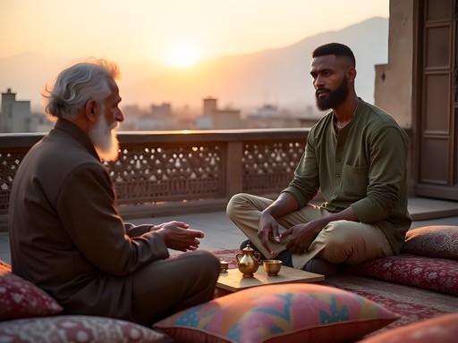 Traditional haveli rooftop in Peshawar Old City with mountain views and evening tea setup