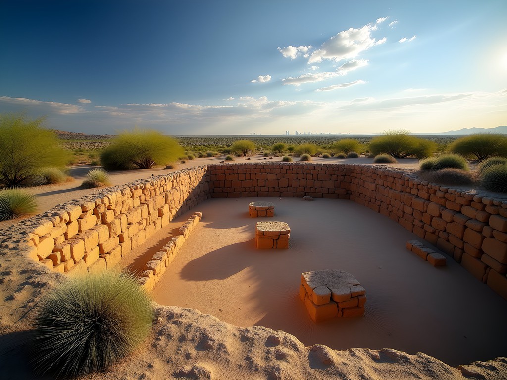 Ancient Hohokam ruins and reconstructed structures at Pueblo Grande Archaeological Park in Phoenix
