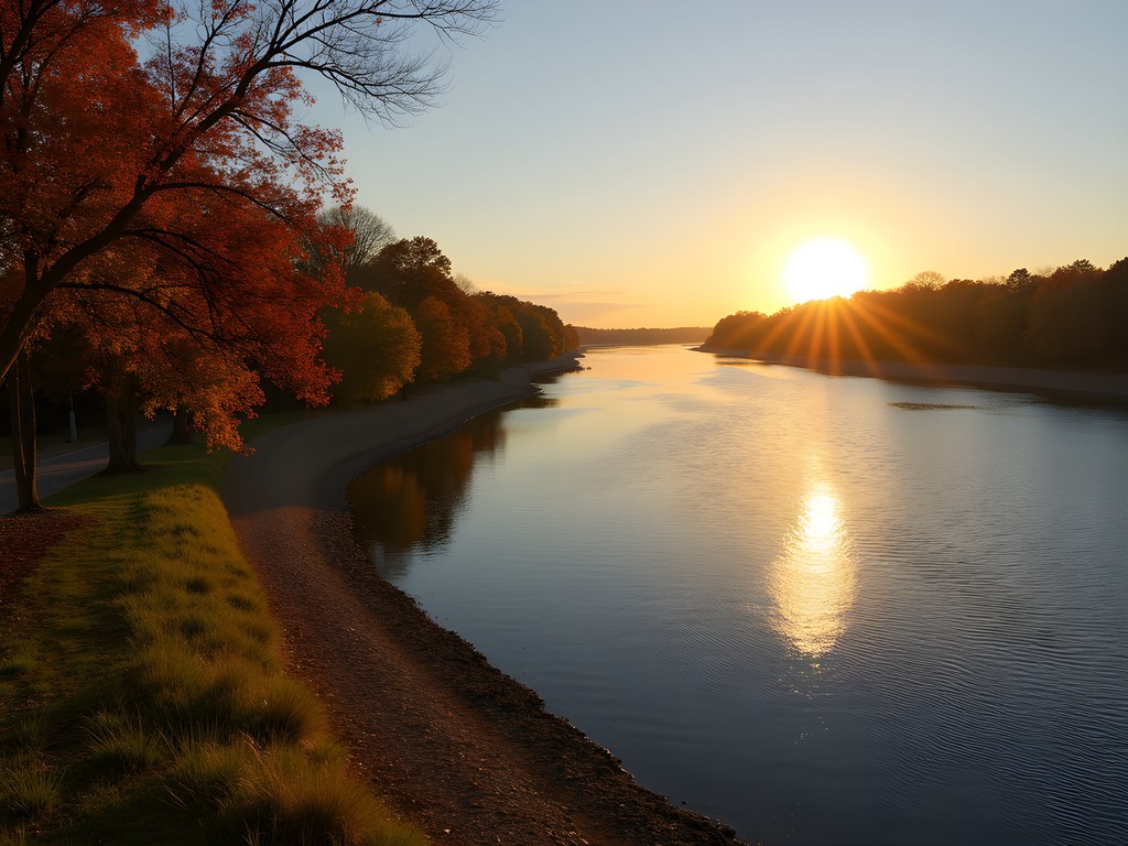 Mississippi River view from Pine Bluff riverfront with autumn colors