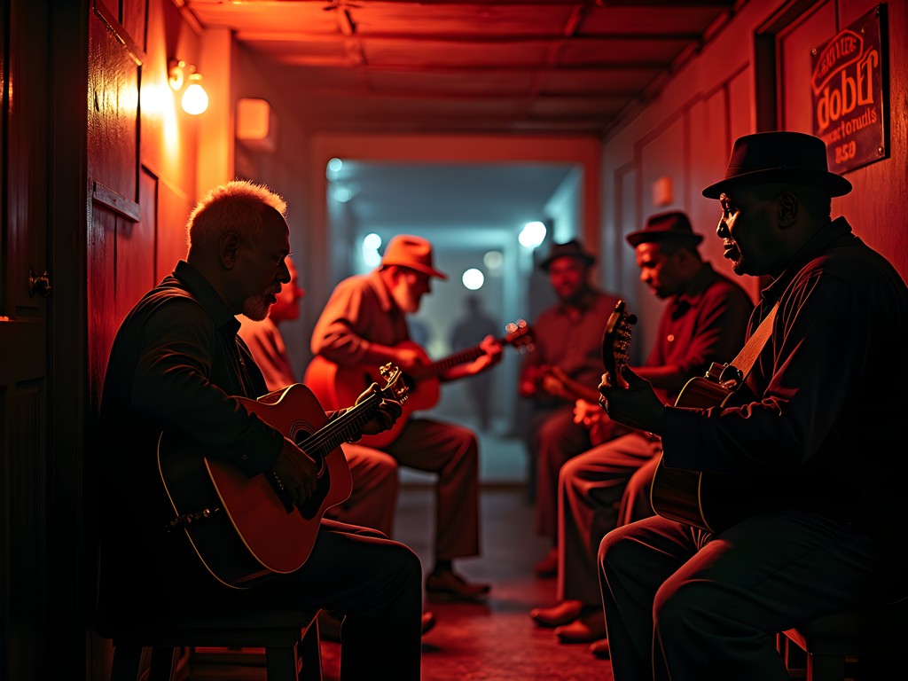 Elderly African American blues musicians performing in a small Pine Bluff venue with authentic atmosphere