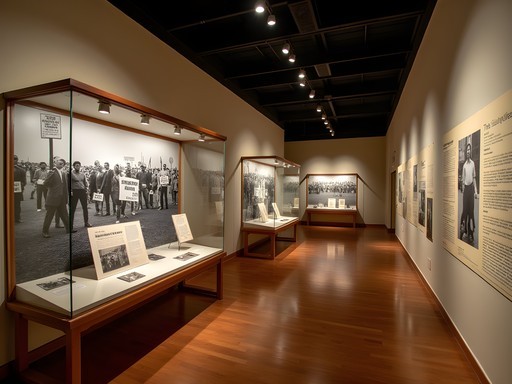 Civil rights movement exhibit at Pine Bluff Historical Museum showing protest photographs and artifacts