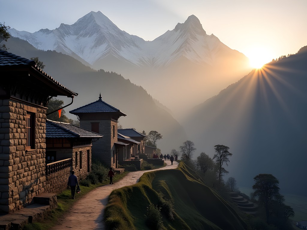 Traditional stone houses of Ghandruk village at sunset