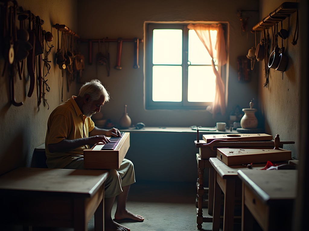 Traditional harmonium maker's workshop in Pune with instruments in various stages of completion