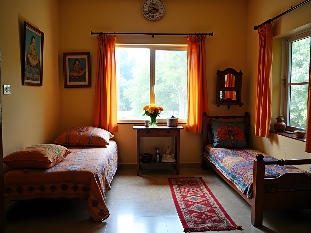 Traditional Pune homestay interior with cultural artifacts and musical instruments