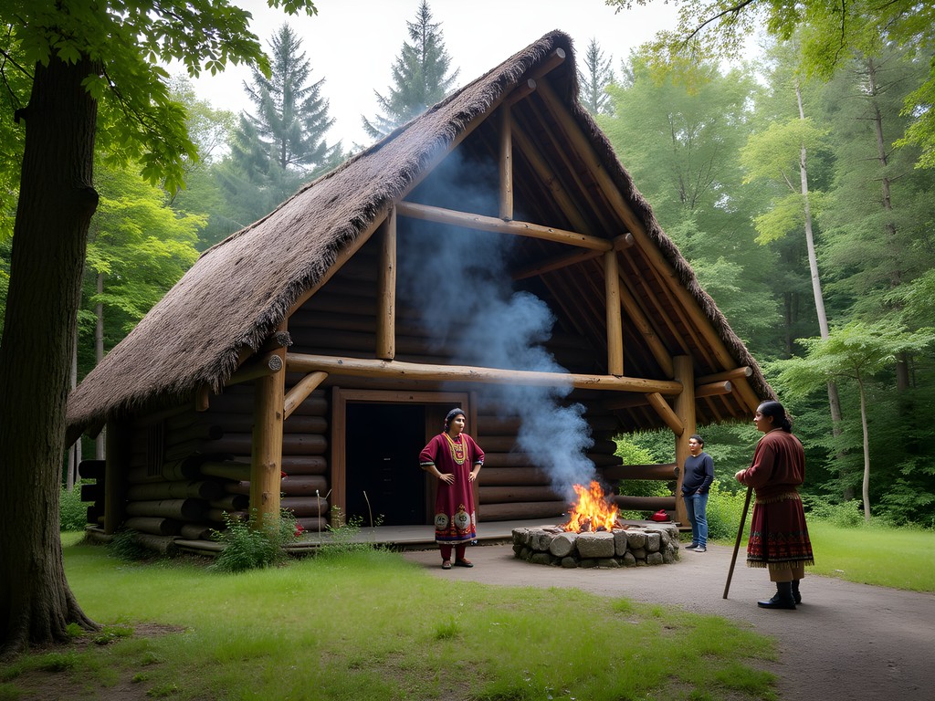 Traditional Huron-Wendat longhouse with cultural guide explaining Indigenous architectural techniques near Quebec City